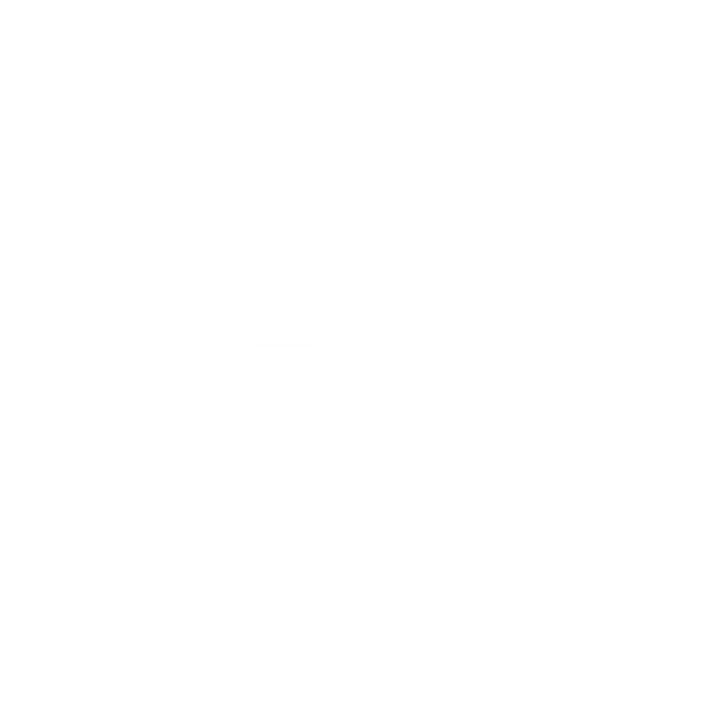 Ícono blanco que representa una tarjeta de crédito, un banco con columnas y un círculo con flechas y una marca de verificación, simbolizando pagos o transacciones financieras seguras.