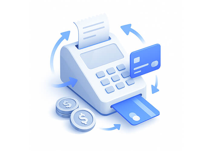 Ilustración de una terminal de punto de venta con tarjeta de crédito, recibo y monedas alrededor, representando pagos electrónicos y transacciones.