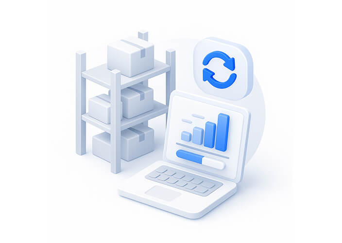 Ilustración 3D de estantería con cajas y una computadora portátil mostrando gráficos de barras y un icono de actualización.