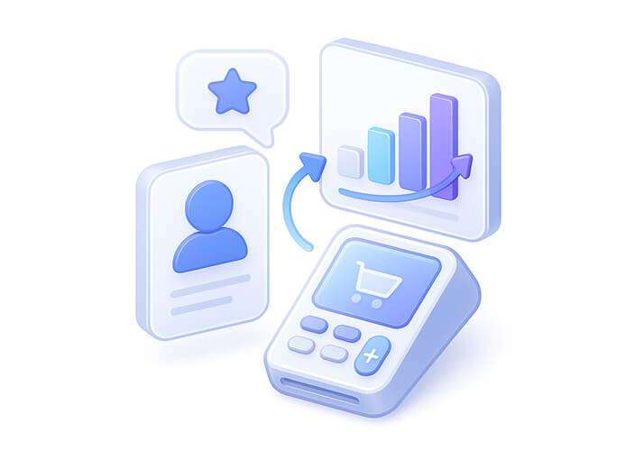 Ilustración de un dispositivo de pago con carrito de compras, perfil de usuario y gráfico de barras ascendentes conectados por flechas.