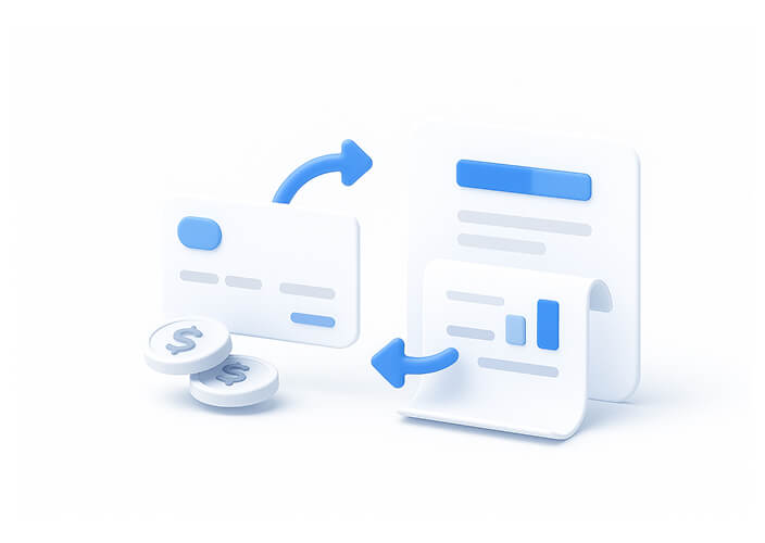Ilustración 3D de un proceso financiero con tarjeta de crédito, monedas con símbolo de dólar y gráficos con flechas indicando flujo de dinero.
