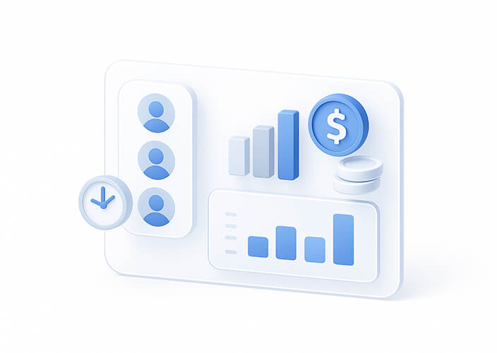 Interfaz gráfica con iconos de usuario, gráficos de barras y símbolo de moneda en tonos azules.